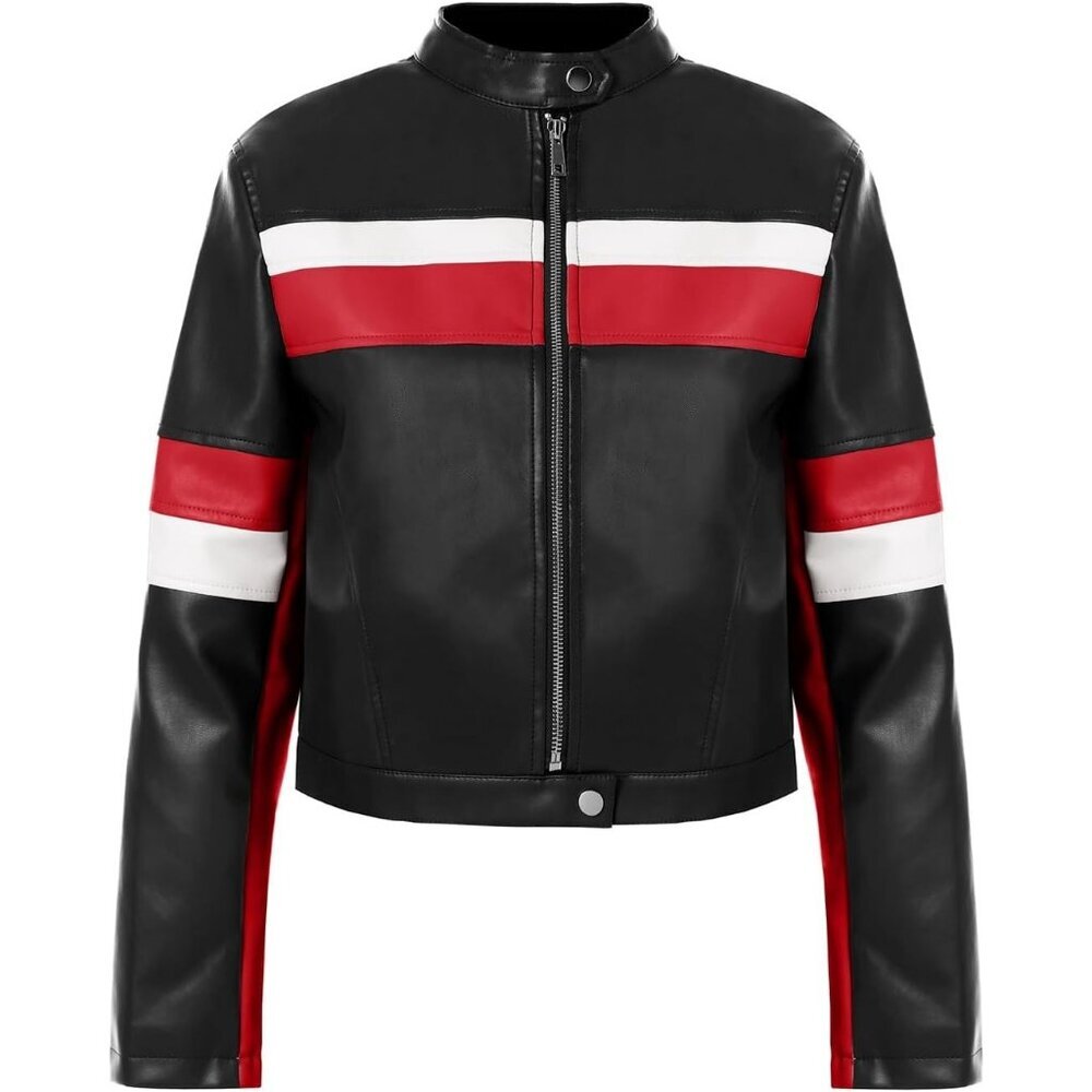 Women's Cropped Moto Biker Jackets Faux Leather Bomber Jacket Racing Black - Picture 5 of 5